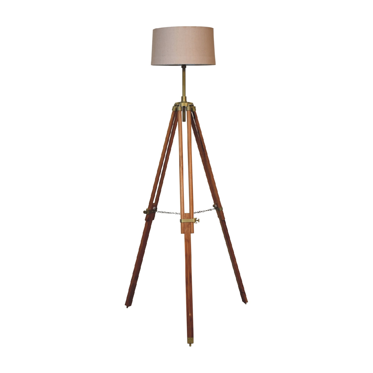 Brass Plated and Wooden Teak Floor Lamp