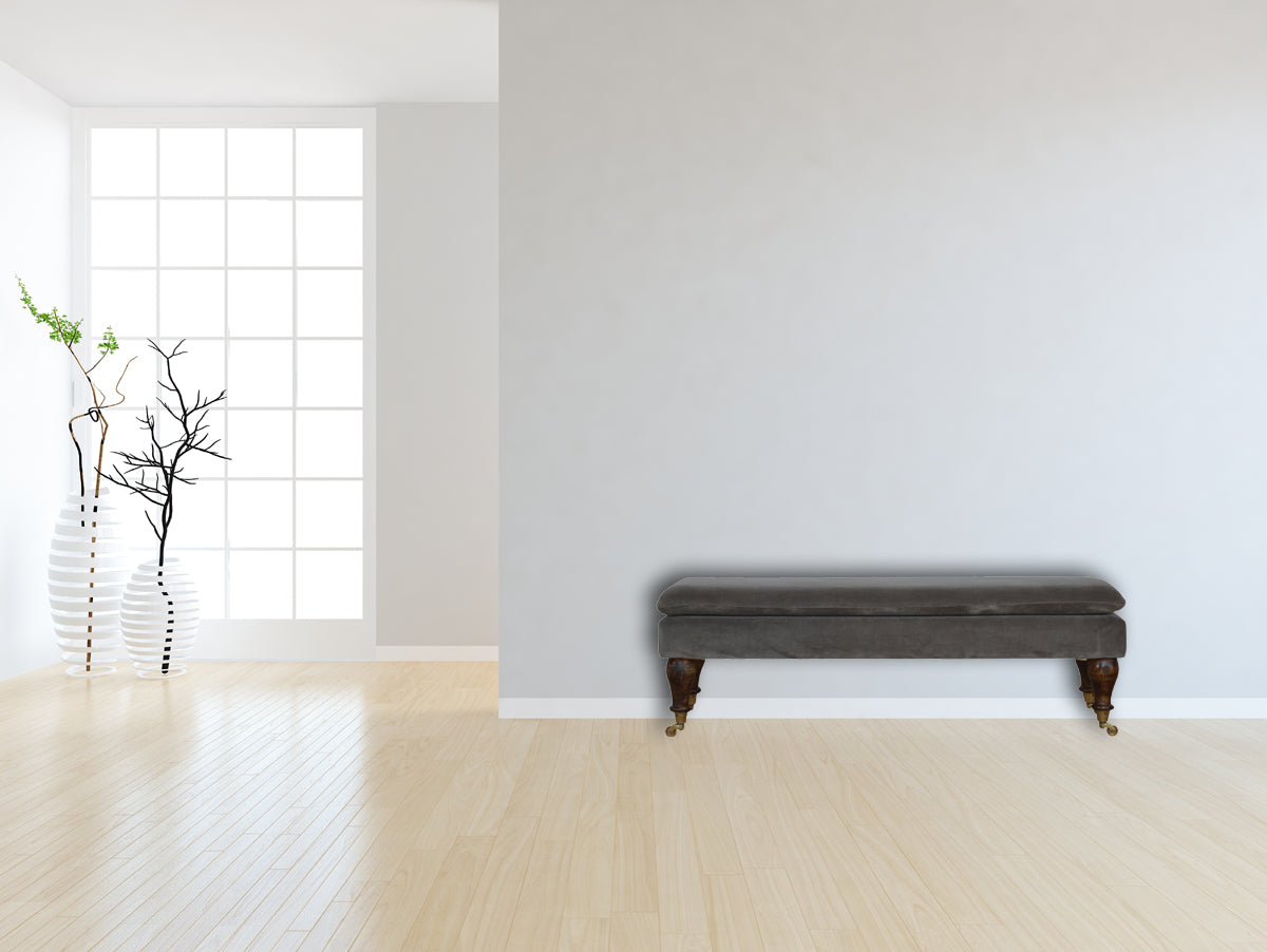 Grey Velvet Bench with Castor Feet