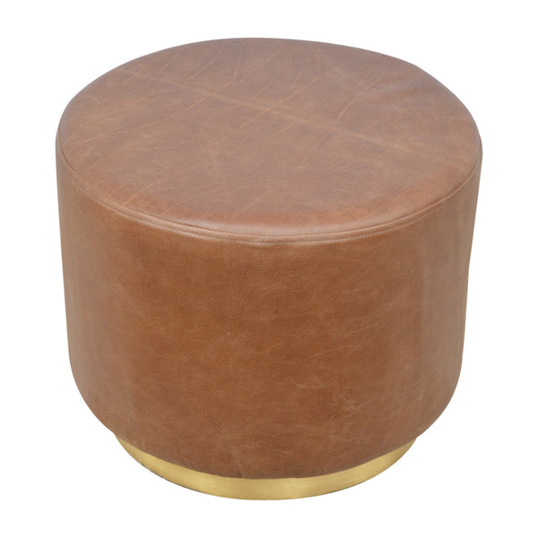 Brown Buffalo Leather Footstool with Gold Base